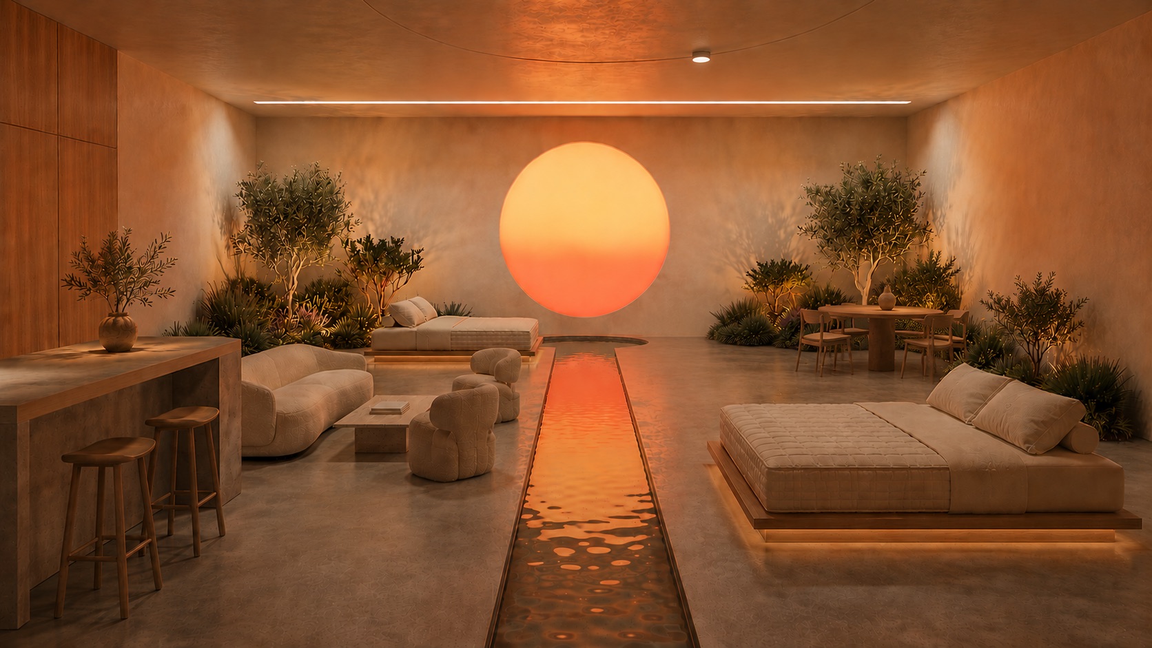 Showroom in sun phase, warm golden disc on the back wall, reflecting basin running down the centre, demo bed on the right, lounge on the left
