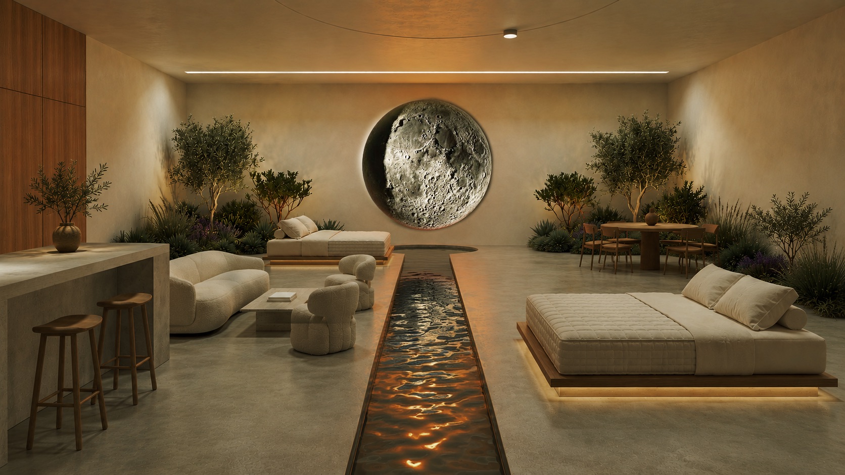 Showroom in moon phase, cratered moon disc on the back wall, same room under cooler raking light, water surface darkened, planting silhouetted